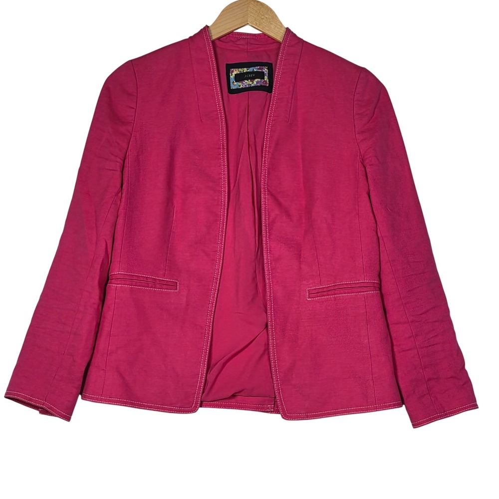 J Crew Womens Blazer 2 Pink Linen Blend Open Front Contrast Stitch Career